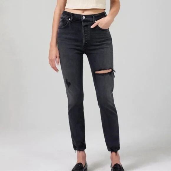 Citizens Of Humanity Jolene Jeans NEW High Rise Straight Leg Black Distressed 33 - Picture 1 of 8